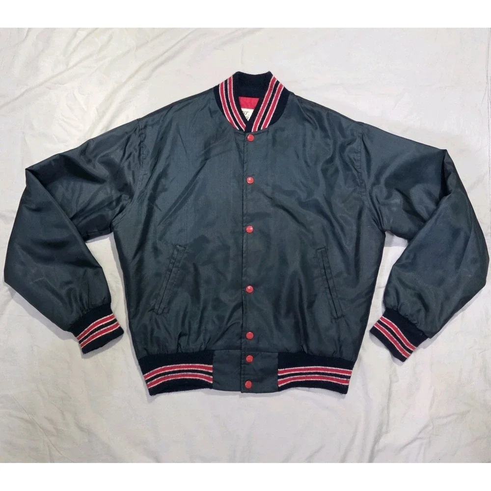 VTG West Wind Buccaneer Snap Bomber Varsity Jacket Sz Medium Black/Red Satin EUC
